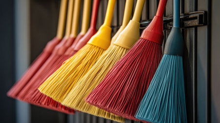 A vibrant display of colorful brooms arranged neatly on a wall. Perfect for illustrating themes of cleaning, organization, and home maintenance.の素材