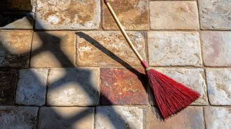 A vibrant red broom rests on a textured stone floor, casting an elongated shadow. This still life scene captures the essence of cleaning and simplicity in a domestic environment.の素材