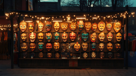 A captivating display of colorful traditional masks illuminated by soft lights in a vibrant night market, showcasing the beauty of culture and craftsmanship.の素材