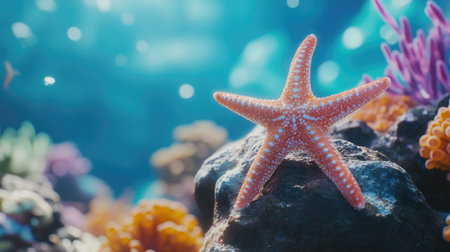 A stunning underwater scene featuring a colorful starfish resting on a rock surrounded by vibrant coral formations, showcasing the beauty of marine life.の素材