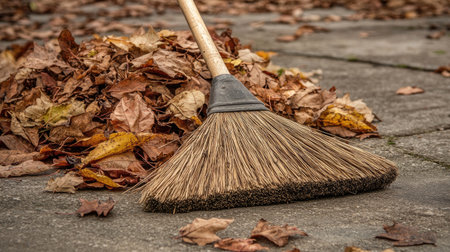 A broom rests beside a pile of colorful autumn leaves on a stone pavement. This image captures the essence of fall cleanup, showcasing seasonal change and the beauty of nature.の素材