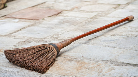 A traditional broom rests on a stone surface, showcasing its rustic charm and practical design. Ideal for themes of cleanliness and outdoor maintenance.の素材