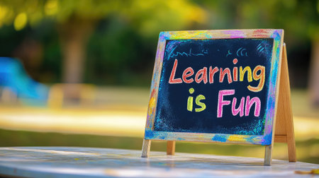 A colorful chalkboard displaying the phrase "Learning is Fun" showcases the joy of education in an outdoor setting. Perfect for inspiring creativity and playfulness.の素材