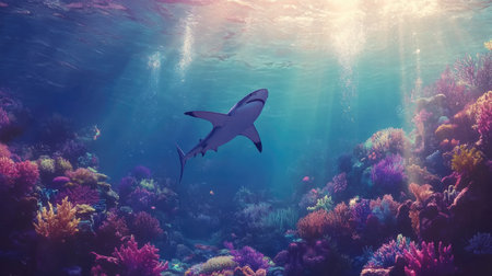 A serene underwater scene featuring a graceful shark swimming through a vibrant coral reef. Sunlight filters through the water, creating a tranquil atmosphere.の素材