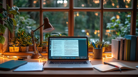 A cozy workspace featuring a laptop and plants near a window, illuminated by soft evening light. This inviting setup promotes relaxation and creativity.の素材
