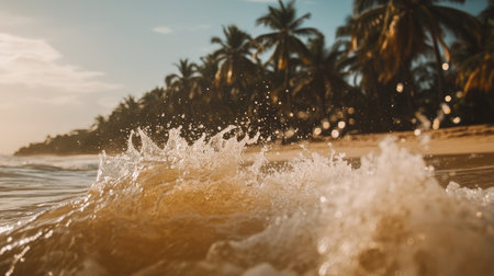 Captivating view of ocean waves splashing against a tropical shoreline, surrounded by palm trees, capturing the essence of a serene sunset. Perfect for summer themes.の素材