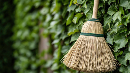 A traditional broom hangs against a vibrant green ivy wall, showcasing a beautiful contrast of nature and utility. Perfect for illustrating cleanliness and gardening themes.の素材