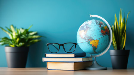 A cozy home office scene featuring a globe, stacked books, stylish glasses, and vibrant green plants on a wooden desk, perfect for study and inspiration.の素材