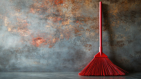 A vivid red broom stands against a weathered gray background, symbolizing cleaning and maintenance. This image captures simplicity and a modern aesthetic in indoor spaces.の素材