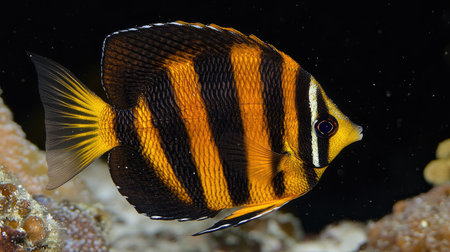 A striking striped fish glides gracefully through the clear ocean water, showcasing its vibrant orange and black colors against a coral backdrop, embodying marine beauty.の素材