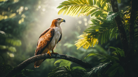 A majestic eagle perches gracefully on a branch, surrounded by vibrant foliage. Sunlight filters through the leaves, creating a serene atmosphere in this lush tropical habitat.の素材