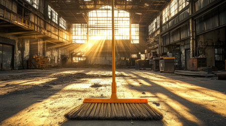 A captivating industrial setting featuring a broom bathed in warm sunlight. Dust particles float in the air, highlighting the spacious interior of a rustic warehouse.の素材