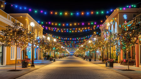 A beautifully illuminated street at night, adorned with vibrant holiday lights, creating a festive atmosphere perfect for celebrations and leisurely strolls.の素材