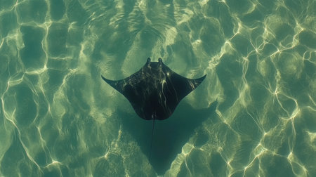 A mesmerizing view of a stingray gliding gracefully through crystal clear ocean waters. This serene underwater scene showcases the beauty of marine life in its natural habitat.の素材