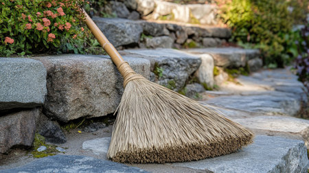 A natural straw broom rests gently on a stone pathway, framed by vibrant flowers. This peaceful scene captures the essence of garden maintenance and outdoor beauty.の素材