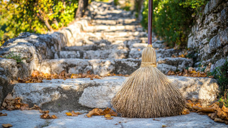 A rustic broom rests beside weathered stone steps, adorned with autumn leaves under soft sunlight, capturing a serene moment in nature's beauty and tranquility.の素材