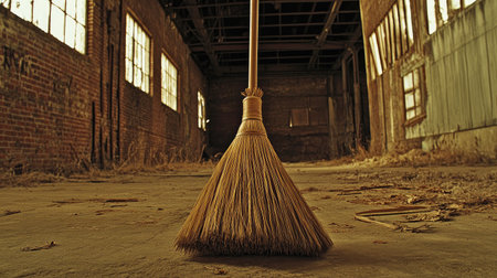 A broom rests on a dusty floor in an empty, abandoned industrial warehouse, capturing the essence of neglect and timeless simplicity in a unique space.の素材