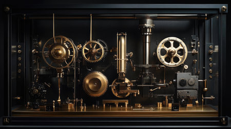 Explore a stunning display of intricate steampunk machinery with brass gears and cogs artfully arranged in a sleek black case, showcasing timeless craftsmanship and design.の素材