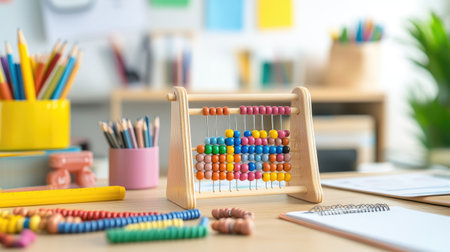 A vibrant wooden abacus set on a desk filled with colorful school supplies, ideal for enhancing learning and creativity in a child's educational environment.の素材