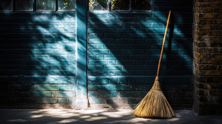 A vintage broom leans against a textured wall, casting intriguing shadows in natural light. The serene scene highlights rustic charm and simplicity.の素材