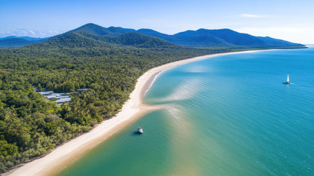 This stunning aerial view captures a tranquil tropical beach with soft sand, clear turquoise waters, and distant mountains, perfect for relaxation and adventure.の素材