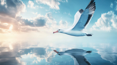 A stunning bird gliding gracefully over tranquil waters, with a picturesque sky filled with soft clouds. The scene captures the essence of freedom and natural beauty.の素材