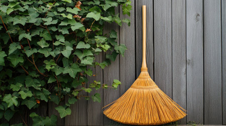 A natural broom leans against a textured wooden fence, surrounded by lush green foliage. This scene captures the essence of simplicity and tranquility in outdoor cleaning tools.の素材