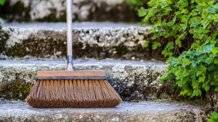 A detailed image of a broom resting on weathered stone steps, highlighting the rustic charm and surrounding greenery. Ideal for themes of cleaning and maintenance.の素材