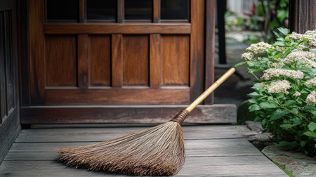 A traditional Japanese broom rests on a wooden entrance surrounded by beautiful flowers, capturing a serene moment in an outdoor space.の素材