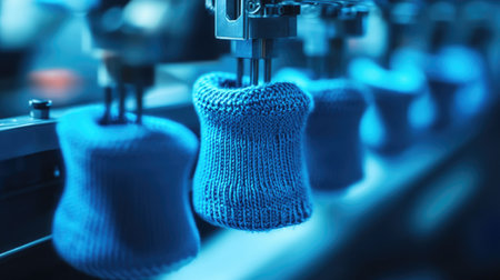 This image showcases a detailed view of the knitting process for socks in a modern textile factory. The blue fabric highlights the industrial knit manufacturing.の素材