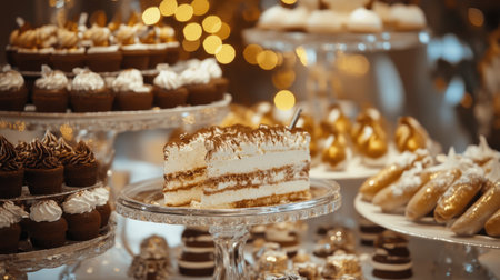 A beautifully arranged dessert display featuring an array of exquisite cakes and pastries. Ideal for celebrating special occasions with rich flavors and elegant designs.の素材