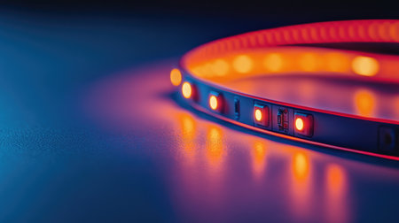 Captivating LED strip lights in vibrant hues create a mesmerizing glow against a dark backdrop, ideal for enhancing modern interior and exterior spaces.の素材