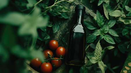 A beautiful arrangement of fresh cherry tomatoes and olive oil bottle nestled among vibrant green herbs showcases the essence of healthy cooking and natural ingredients.の素材