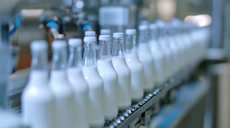 A modern dairy processing plant featuring rows of bottled milk on a conveyor belt. The scene captures the efficiency and technology used in milk production and packaging.の素材