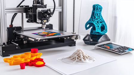 A modern 3D printer showcasing vibrant filaments, surrounded by intricate printed models and tools in a creative workspace, emphasizing innovation and technology.の素材