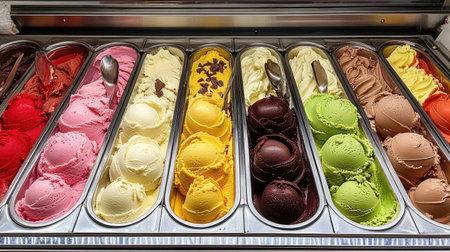 A vibrant display of assorted gelato flavors showcases a tempting selection of sweet treats, featuring creamy textures and rich colors, perfect for summer enjoyment.の素材