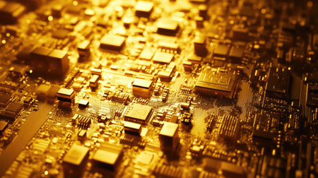 A detailed close-up of a golden circuit board showcasing intricate microchips and electronic components, emphasizing the beauty of technology and design.の素材