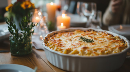 A delicious baked pasta dish topped with melted cheese and fresh herbs, creating a warm and inviting centerpiece for a cozy dinner setting.の素材