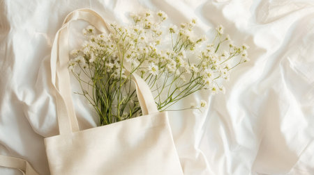 A charming arrangement of delicate white flowers in a cotton tote bag, placed on soft fabric, showcasing simplicity and natural beauty. Perfect for aesthetic decoration.の素材