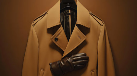 A beautifully styled tan trench coat with matching gloves hangs on a hanger against a warm brown background, exuding elegance and sophistication, perfect for fashion showcases.の素材