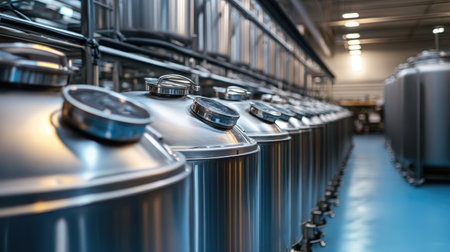 A row of stainless steel tanks in an industrial facility, showcasing precision gauges and reflecting modern manufacturing processes. Ideal for various applications.の素材