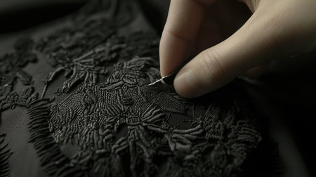 Close-up of a hand engaged in meticulous embroidery on black fabric, showcasing detailed artistry and skilled craftsmanship in textile design.の素材