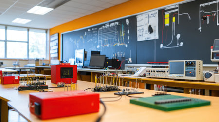 A modern electronics laboratory featuring various equipment and workstations. The setting promotes hands-on learning with tools for circuit design and analysis.の素材