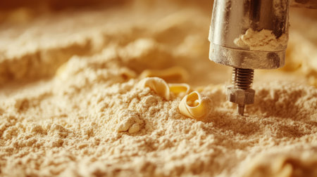 A close-up view of a pasta maker surrounded by flour, highlighting the intricate details of the cooking process. Perfect for culinary projects.の素材