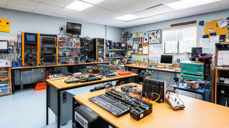 A detailed view of an organized electronics lab featuring workstations, tools, and various equipment. The space is designed for research, assembly, and testing activities.の素材