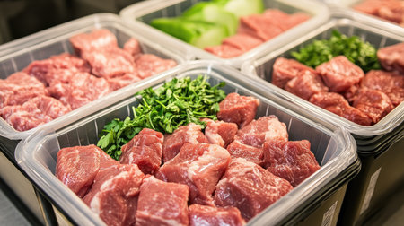 Freshly cut meat and vibrant vegetables neatly arranged in clear containers, ideal for cooking enthusiasts and chefs seeking efficient meal preparation.の素材