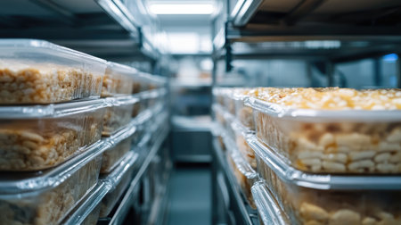 An organized view of freshly prepared meals stored in plastic containers inside a refrigerated storage facility, showcasing efficiency and food safety standards.の素材