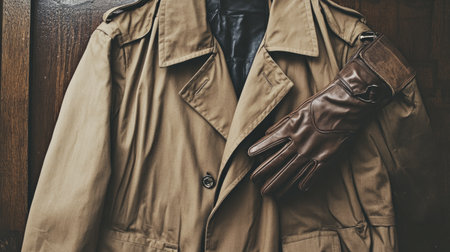 A stylish beige trench coat complemented by a rich brown leather glove, elegantly displayed against a wooden background, perfect for fashion inspiration.の素材