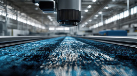 This image captures a high-tech industrial workspace with a laser focusing on a fabrication process, showcasing precision and advanced technology in manufacturing.の素材