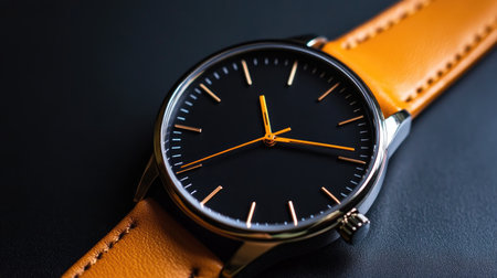 Close-up view of a stylish wristwatch featuring a black dial with bright orange accents and a sleek leather strap, perfect for any fashion-conscious individual.の素材